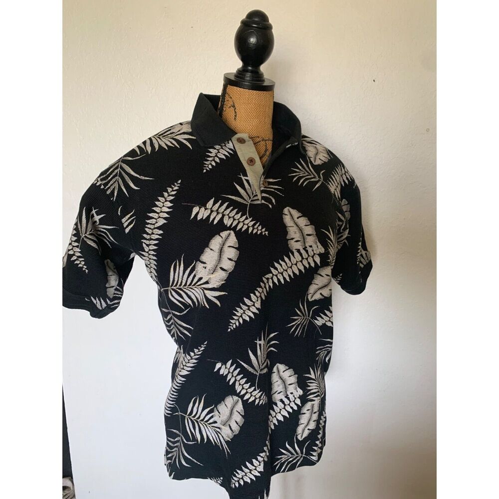 Palm Island Polo Shirt Floral Black Hawaiian Cotton Short Sleeve SIZE SMALL EUC